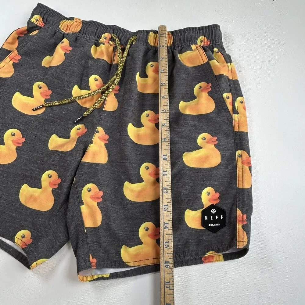 Neff Rubber Duck Print Quick Dry Trunks Swim Shorts Summer Fun Mens Small Gray